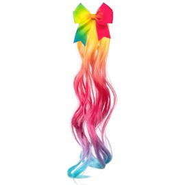 Boland 50024 - Rainbow Hair Extension with Bow, Long Synthetic Hair in Colourful Colours, Clip-in Extension, Costume, CSD, Carnival, Theme Party
