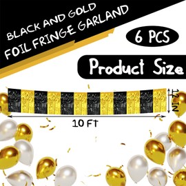 6 Pack 10 Feet Black Gold Foil Fringe Garland Metallic Tinsel Streamers Banner Wall Hanging Curtain Backdrop Banner for Parade Floats, Valentine's Day, Wedding, Birthday, Mardi Gras Party Decorations