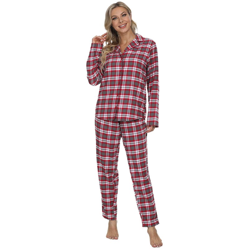 Mnemo Home Women's Long Flannel Pyjamas, 100% Cotton, Flannel, red