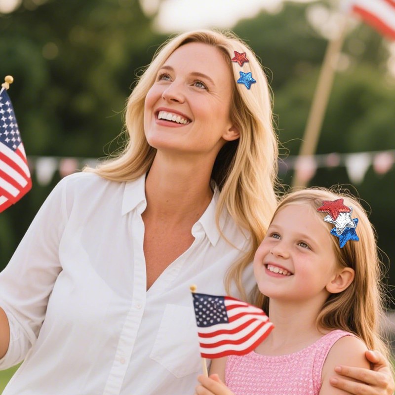 7 Pcs 4th of July Hair Clips Glitter Red White