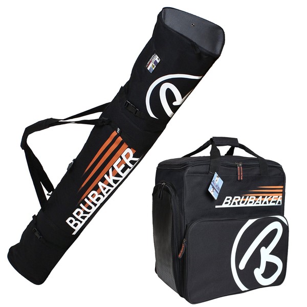 BRUBAKER "Champion Combo Ski Boot Bag and Ski Bag for 1 Pair of Ski up to 190 cm, Poles, Boots and Helmet - Black Orange