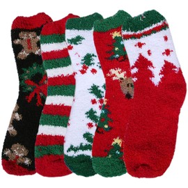 Loritta 5 Pairs Womens Fuzzy Socks Winter Warm Cozy Fluffy Super Soft Slipper Socks,D5-Christmas Tree
