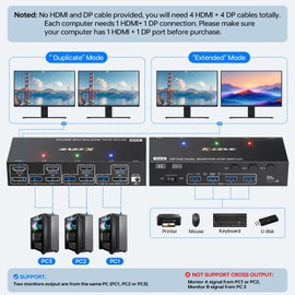 KCEVE KVM Switch 2 Monitors 3 Computers HDMI + DisplayPort, KCEVE USB 3.0 DP KVM Switcher, 8K@30Hz/4k@144Hz Dual Monitor DP KVM for 3 PC Share 2 Display and 4 USB 3.0 Devices