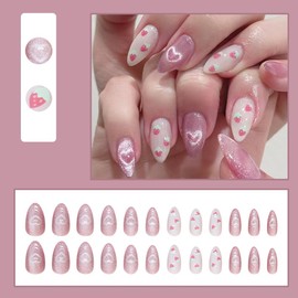 24 Pcs Cat's Eye Press on Nails Short Almond - YEFIUO Rose Purple Fake Nails Press ons Glitter French Nail Tip Glue on Nails with Cute Design Full Cover False Nails Stick on Nails Acrylic Nail Art Kit