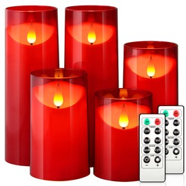 NURADA Flameless Candles, Acrylic LED Pillar Candles Battery Operated with Remote and Timer Candle for Romantic Ambiance and Home Table Bathroom Decor, Pack of 5 (D 3"×H 4" 5" 6" 8" 8") (Red)