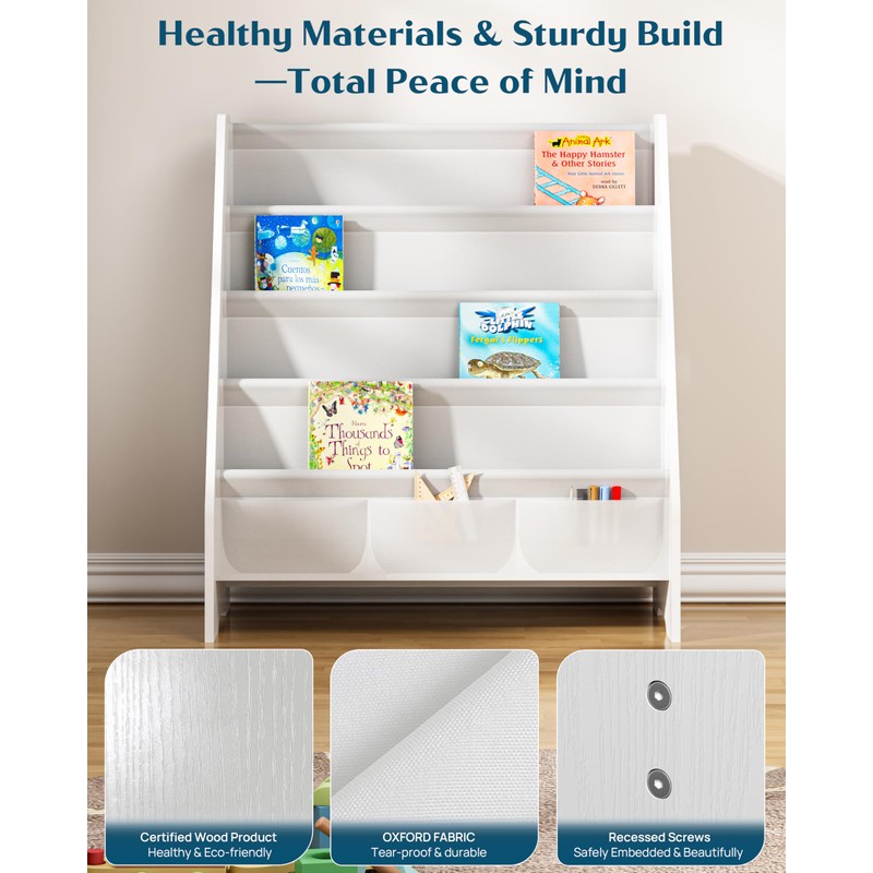 SEIRIONE Sturdy Kids Bookshelf, Children Display Rack, 4 Sling and