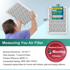 Accecraft 16x20x1 Air Filter MERV 13, Advanced Dust Defense,Cost-effective,1 Reusable ABS Frame + 6 Pack Replaceable, Quality Furnace Filter Media for AC & Furnace Applications（1 Frame+6 Filter）