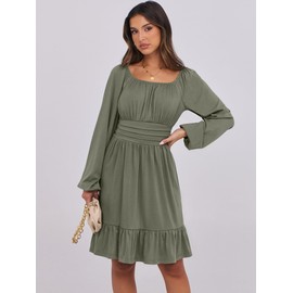 ANRABESS Womens Dress Long Lantern Sleeve Square Neck Elastic Waist Ruffle Flowy Swing A-Line Short Dresses 2025 Fall Fashion Army Green Large