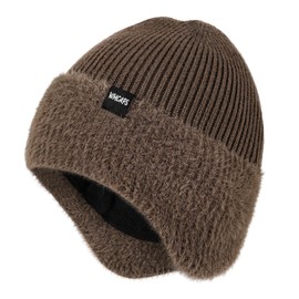 Wmcaps Winter Fleece Line Beanie Hats with Earflap for Men Women, Outdoor Warm Thermal Knitted Stocking Caps (Brown)