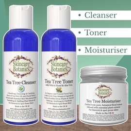 Skincare Botanics Tea Tree Cleanser, Toner & Moisturiser Set for Blemish & Spot Prone Skins | Made from Organic Floral Waters and Infused with Natural Essential Oils