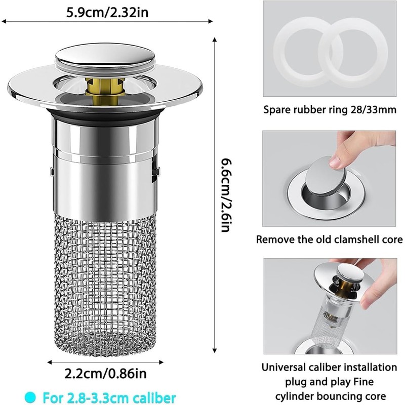 Bathroom Sink Stopper, Stainless Steel Removable Drain Strainer, Hair Catcher