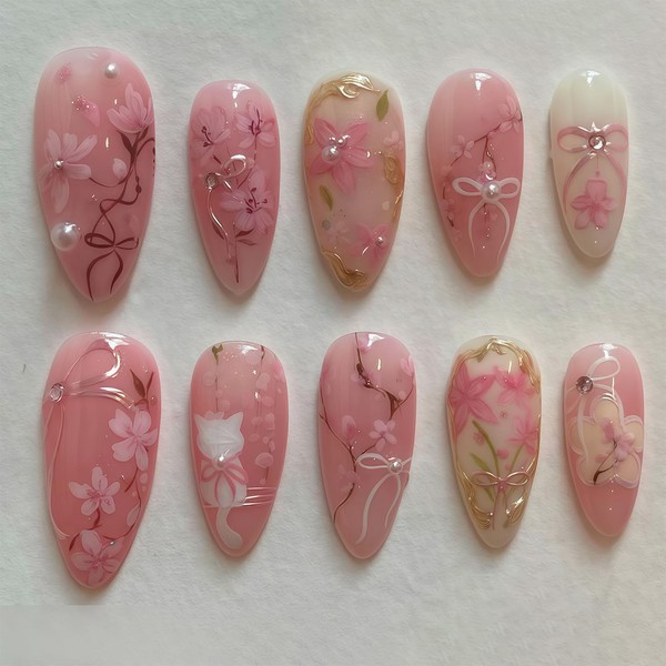 AstraGlam 24Pcs Pink Flower Press on Nails Medium Almond Fake