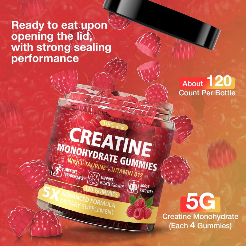 TOPCAPAK Creatine Gummies for Men & Women, Raspberry Flavor, 120