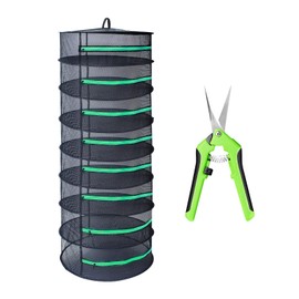 Growsun Herb Drying Rack 8 Layer 2ft Diameter Plant Hanging Mesh Dry Net w/Green Zipper, Free Garden Pruning Shears