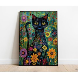 Cat Flower Puzzle for Adults 1000 Pieces, Colorful Floral Jigsaw Puzzle, Mystic Black Cat Sunflower Kitten Puzzle