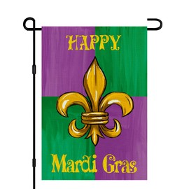 Happy Mardi Gras Garden Flag 12x18 Inch Burlap Vertical Double Sided, Carnival Fleur de Lis Sign Holiday Party Small Yard Farmhouse Outdoor Decoration DF438