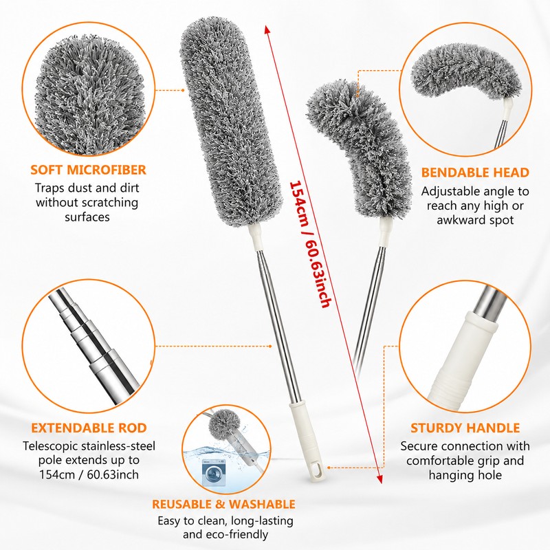 Extendable Microfiber Duster for High Cleaning – 60.63-Inch Bendable Washable
