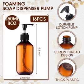 Uiifan 16 Pcs Amber Foaming Soap Dispenser 8.5 oz Refillable Foam Pump Bottle Liquid Plastic Container for Kitchen Bathroom Commercial Concentrated or Regular Shampoo Body Wash Dish Liquid Soap