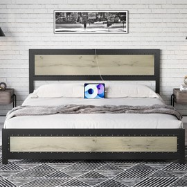 GarveeHome King Size Bed Frame with Charging Station, Industrial Design Platform Bed Frame with Headboard and Metal Slated Frame, No Spring Box Need, Easy Assembly, Wash Grey