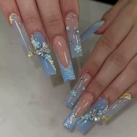 Long Press on Nails Square Fake Nails French Tip False Nails with Flower 3D Silver Butterfly Designs Glue on Nails Blue Glitter Glossy Acrylic Nails Full Cover Stick on Nails for Women 24 Pcs