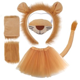 Kids Animals Costume Set with Tutu, Fancy Dress, Ears Headband, Bow Tie, Paws, and Tail, Cosplay Accessory Kit for Girls (lion)
