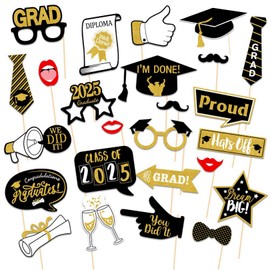 25Pcs Graduation Photo Booth Props - Class of 2025 Glitter Grad Decorations (Gold & Black Theme) for Women Men, Graduation Party Favour Photography Backdrop Supplies
