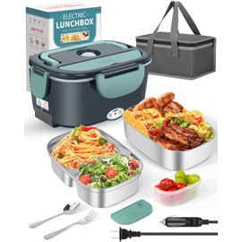 Eocolz Electric Lunch Box Food Heater, Food Warmer 1.5L Portable Heated Lunch Box for Car Truck Work Stainless Steel Fork & Spoon 12/24/110V for Adults Lonchera Eléctrica (gray-blue)