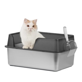 Medario Stainless Steel Cat Litter Box with Scoop, Large Litter Box with High Sided Walls, Durable Metal Kitty Litter Box with Enclosure, Odorless, No Leakage, Easy to Clean (Black)