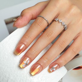 30Pcs Cat Eye Press on Nails Short Square Fake Nails with Rhinestone Flowers Designs Glossy Full Cover Glue on Nails Shiny False Nails Reusable Artificial Nails Acrylic Nail Kit for Coquette Women