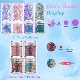 8 Colours Glitter Make Up Set, Festival Accessories, Body Glitter Holographic Sequin, Festival Must Haves Sequins for Body, Hair, Nail DIY Design, with Glue & Brush