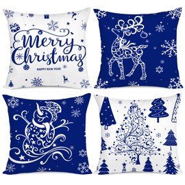 Miaikoe Christmas Cushion Covers 45x45 Set of 4 Christmas Decoration Trees Deer Snowman Merry Christmas Decorative Holiday Farmhouse Pillow Cases for Holiday Christmas Decoration（Blue）