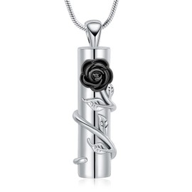 VCCWYQK Cremation Jewellery Rose Flower Urn Necklace with Hollow Cylinder Cremation Keepsake Urn Pendant Memorial Lockets for Ashes for Women Men, Stainless Steel