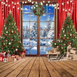 SJOLOON Christmas Backdrop Wood Floor Christmas Tree Backdrop Windows Snow Backdrop for Christmas Party Decoration Studio Props 12589 (10x10FT)