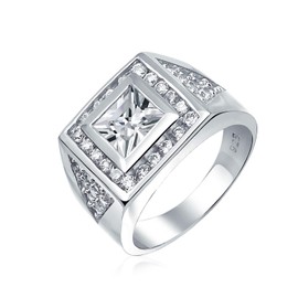 Personalize Geometric Triangle Square Princess Cut AAA CZ Solitaire Unisex Statement Women Plus Size Men's Engagement Wedding Ring Wide Band For Men .925 Sterling Silver Customizable