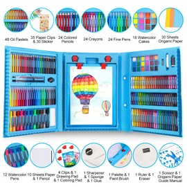 Art Supplies, 272 Pack Art Set Drawing Kit for Girls Boys Teens Artist, Deluxe Gift Art Box with Trifold Easel, Origami Paper, Coloring Book, Drawing Pad, Pastels, Crayons, Pencils, Watercolors(Blue)