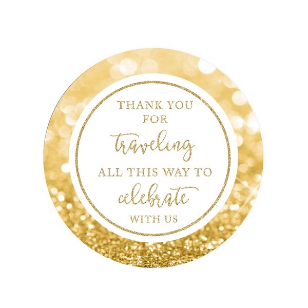 Andaz Press Glitzy Faux Gold Glitter Round Sticker Labels, Thank You for Traveling All This Way to Celebrate with US, 40-Pack, for OOT Destination Gift Bag