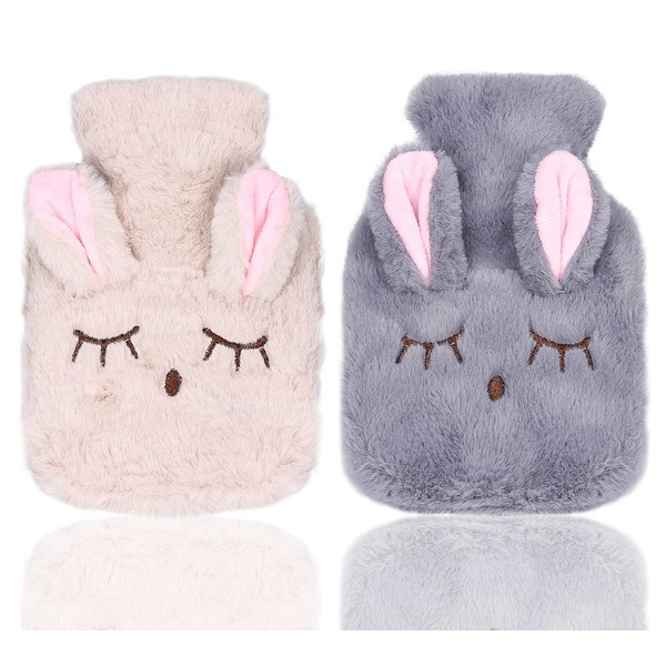 GOOHOME 2Pcs 350ml Mini Rabbit Hot Water Bottle with Cute Cover for Children Baby Adult The Best Winter Gifts (Grey, Beige)