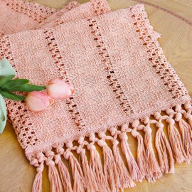 TELAIN Pink Table Runner, 72 Inch Long, Boho Macramé Table Runner for Summer, Pink Room Decor, Country Style Runner with Fringe for Dining Room and Bedroom, Rustic, Bridal Party (12x72 Inch)