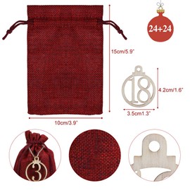 LIHAO 24 PCS Christmas Advent Calendar Bags 2023 Countdown Drawstring Pouches Burlap Hanging Gift Bag with 1 to 24 Wooden Count Down Ornaments for Xmas Holiday Party Favors Supplies