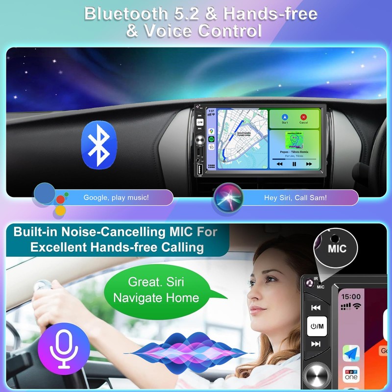 7” Wireless Apple CarPlay Double Din Car Stereo,FM Car Radio,Bluetooth