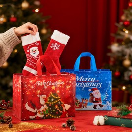 VESFASOV 12 Packs Large Christmas Gift Bags, Non-Woven Reusable Tote Bags with Handles for Xmas Party Favors Supplies Wrapping Shopping, 13"×10"×6.7"