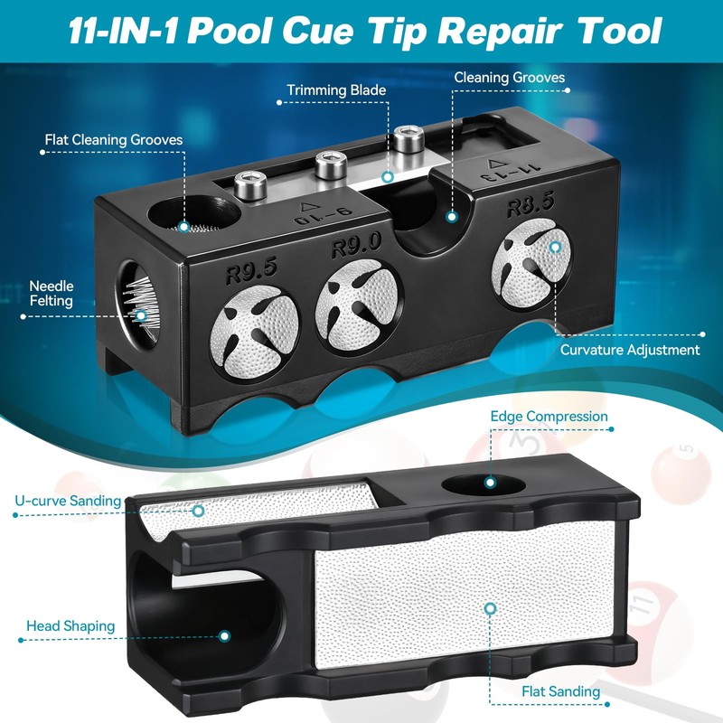 Darivefish 11-in-1 Pool Cue Tips Shaper, Pool Cue Tips Replacement