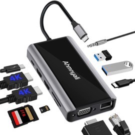 USB C Docking Station, Ahmnyali 11 in 1 Multiport USB C Hub, Triple Display, with Dual HDMI, VGA, PD, Ethernet, 3*USBs, Mic/Audio, SD/TF Card Reader for MacBook and Windows and Other USB C Laptops