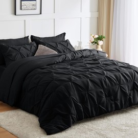 CozyLux CozyLux Queen Comforter Set 7 Pieces Bed in A Bag Black Comforters Queen Size Bed Set Pintuck Pinch Pleat Complete Bedding Sets with Comforter, Flat Sheet, Fitted Sheet and Pillowcases & Shams
