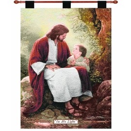 Manual Inspirational Collection 26 x 36 Inch Christian Hanging Multicolor Woven Wall Art Tapestry Décor with Finial Rod, “In His Light” by Greg Olsen, Portrait of Jesus & Small Child