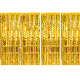 CHRORINE 4Pcs 1m x 2.5m Gold Tinsel Curtains Streamers Backdrop for Gold Party Birthday Engagement Graduation Bachelorette Holiday Party Decorations