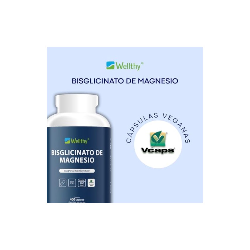 Wellthy Bisglicinato Magnesio 400 Cápsulas 432mg 100 Natural Alta Absorción