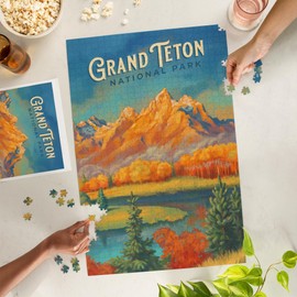 Lantern Press Grand Teton National Park, Wyoming, Oil Painting, 1000 Piece Jigsaw Puzzle for Adults, Made in USA with Reference Poster