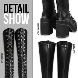Atsroel Platform Knee High Boots For Woman Round Toe Punk Goth Boots Black Lace Up Boots Rave Chunky Heel Boots Gothic Wide Calf Boots