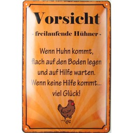 Tin Sign 20 x 30 cm Curved Caution Freilaufende Hens Sayings Decorative Gift Sign